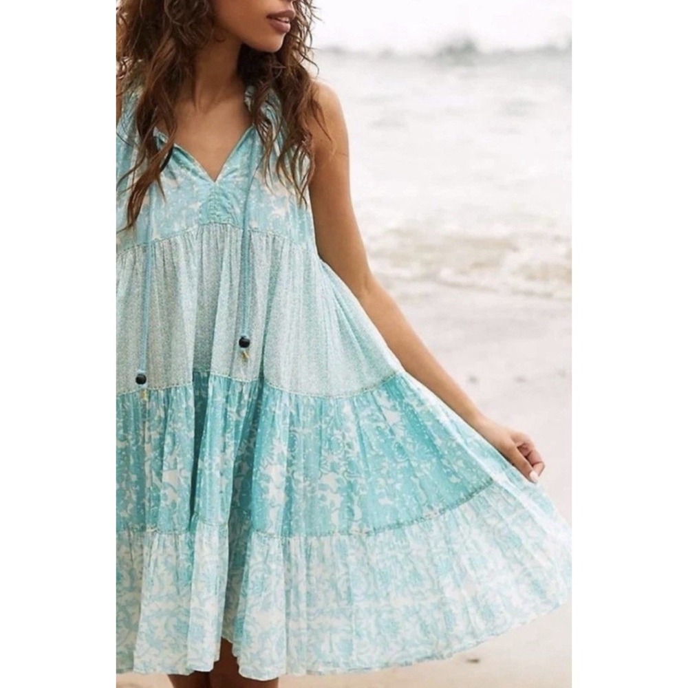 Ro's Garden Aqua Blue White Block Print Tiered Midi Dress M Boho Coastal Summer